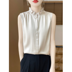 法式木耳領無袖襯衫女2025款真絲緞面花邊荷葉領打底背心內搭上衣