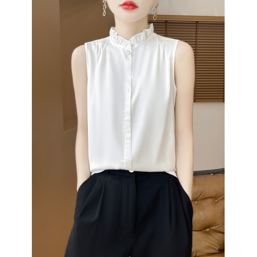 法式木耳領無袖襯衫女2025款真絲緞面花邊荷葉領打底背心內搭上衣