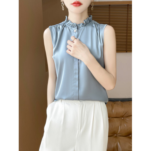 法式木耳領無袖襯衫女2025款真絲緞面花邊荷葉領打底背心內搭上衣