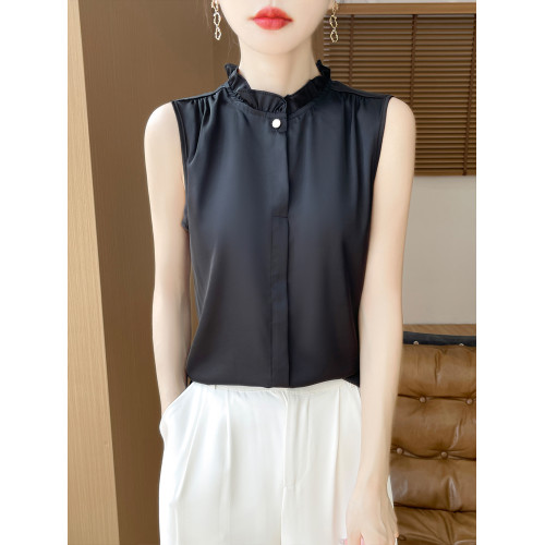 法式木耳領無袖襯衫女2025款真絲緞面花邊荷葉領打底背心內搭上衣