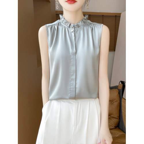 法式木耳領無袖襯衫女2025款真絲緞面花邊荷葉領打底背心內搭上衣