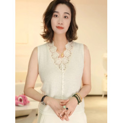 蕾絲純色針織開衫顯瘦上衣2025夏季無袖背心時尚內搭洋氣法式簡約