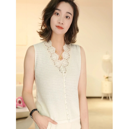 蕾絲純色針織開衫顯瘦上衣2025夏季無袖背心時尚內搭洋氣法式簡約
