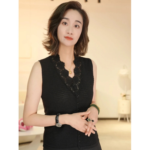 蕾絲純色針織開衫顯瘦上衣2025夏季無袖背心時尚內搭洋氣法式簡約