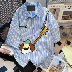 美式復古卡通印花條紋短袖襯衫女夏季百搭設計感小衆寬鬆情侶上衣