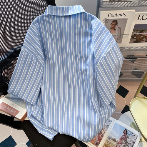 美式復古卡通印花條紋短袖襯衫女夏季百搭設計感小衆寬鬆情侶上衣