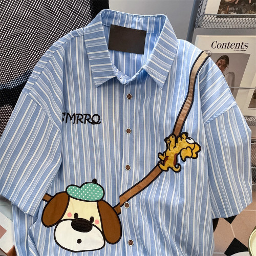 美式復古卡通印花條紋短袖襯衫女夏季百搭設計感小衆寬鬆情侶上衣