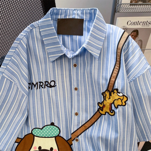 美式復古卡通印花條紋短袖襯衫女夏季百搭設計感小衆寬鬆情侶上衣