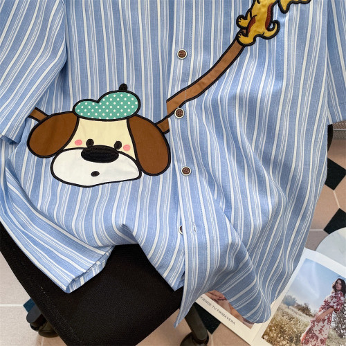 美式復古卡通印花條紋短袖襯衫女夏季百搭設計感小衆寬鬆情侶上衣