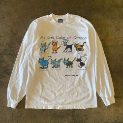 90s90s90s! 300克重磅純棉! 塗鴉貓咪oversize長袖T恤街頭上衣潮