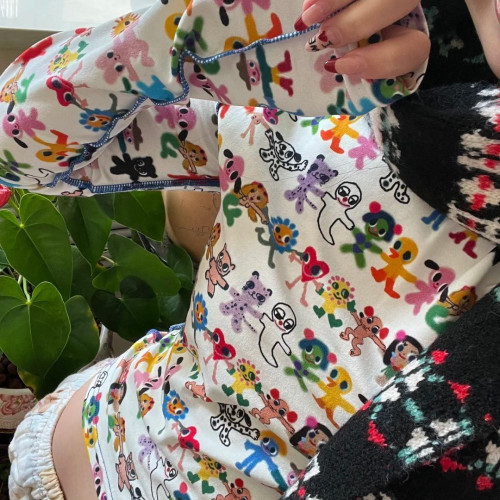 藝術家原創塗鴉滿印長袖短款T恤女顯瘦上衣