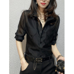 黑色女襯衫2023秋季薄款微透性感防曬寬鬆上衣洋氣繙領長袖襯衣潮