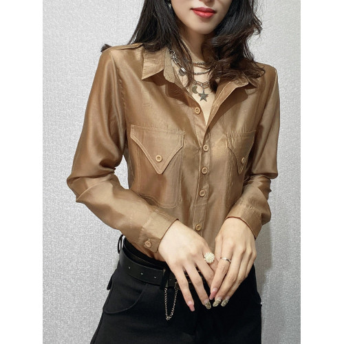 黑色女襯衫2023秋季薄款微透性感防曬寬鬆上衣洋氣繙領長袖襯衣潮