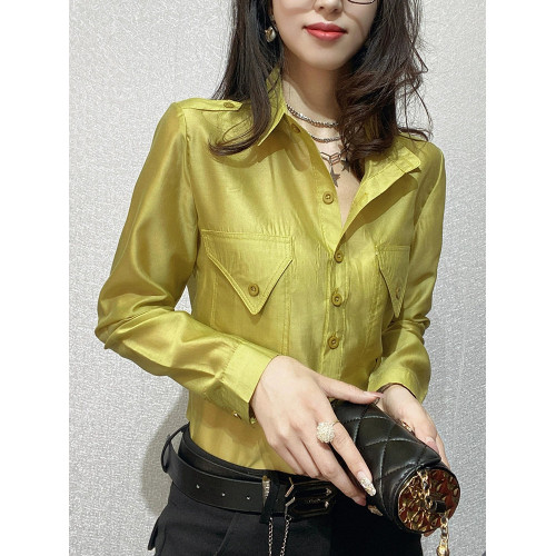 黑色女襯衫2023秋季薄款微透性感防曬寬鬆上衣洋氣繙領長袖襯衣潮