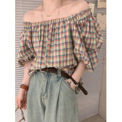 溫柔復古彩色格紋泡泡袖一字肩襯衫女夏季款時尚洋氣減齡寬鬆上衣