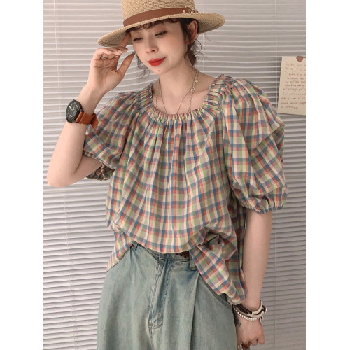 溫柔復古彩色格紋泡泡袖一字肩襯衫女夏季款時尚洋氣減齡寬鬆上衣