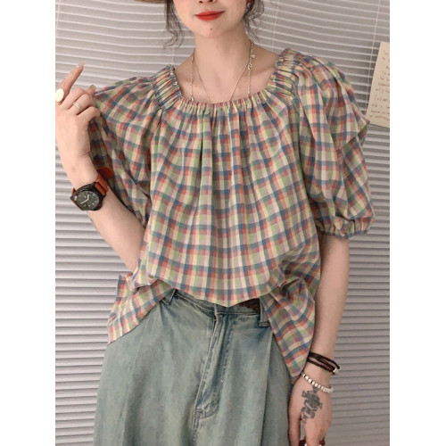 溫柔復古彩色格紋泡泡袖一字肩襯衫女夏季款時尚洋氣減齡寬鬆上衣