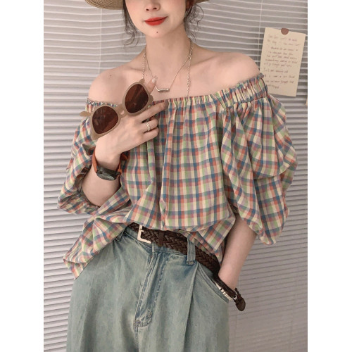 溫柔復古彩色格紋泡泡袖一字肩襯衫女夏季款時尚洋氣減齡寬鬆上衣