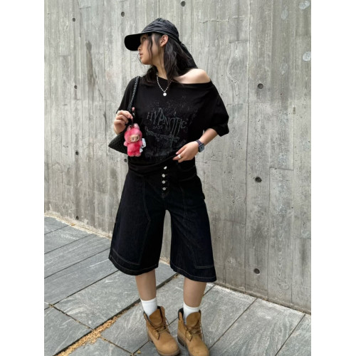 韓系復古斜肩做舊印花休閒寬鬆短袖t恤女設計感露肩顯瘦黑色上衣