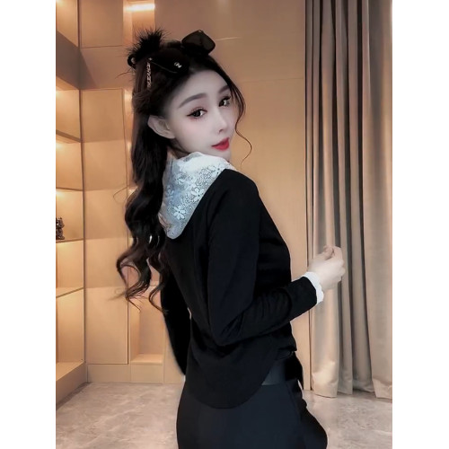 2025春季新款設計感蕾絲連帽拼接長袖針織衫女時尚顯瘦減齡上衣潮