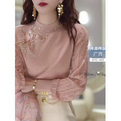 2026新款上衣洋氣打底小衫重工燙鑽毛衣法式蕾絲拼接設計感半高領