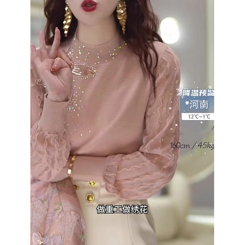 2026新款上衣洋氣打底小衫重工燙鑽毛衣法式蕾絲拼接設計感半高領