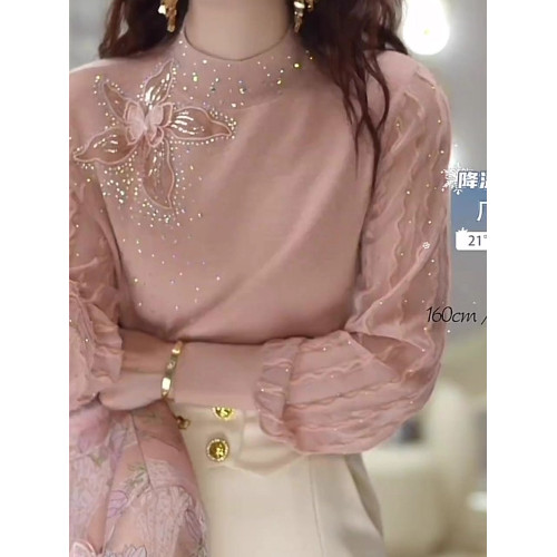 2026新款上衣洋氣打底小衫重工燙鑽毛衣法式蕾絲拼接設計感半高領