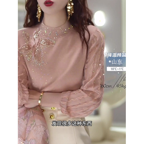 2026新款上衣洋氣打底小衫重工燙鑽毛衣法式蕾絲拼接設計感半高領