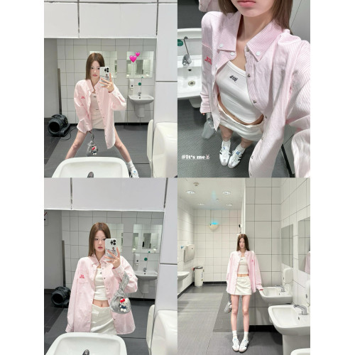 美式復古粉色條紋Polo領襯衫外套女春秋寬鬆休閒長袖襯衣外搭上衣