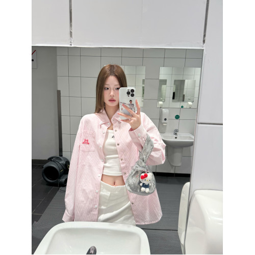 美式復古粉色條紋Polo領襯衫外套女春秋寬鬆休閒長袖襯衣外搭上衣