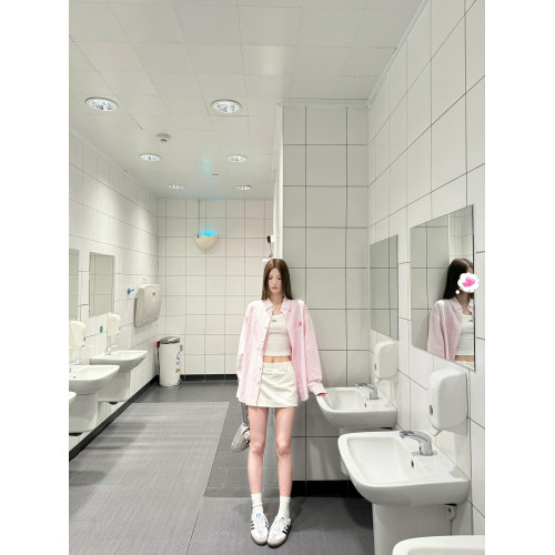 美式復古粉色條紋Polo領襯衫外套女春秋寬鬆休閒長袖襯衣外搭上衣