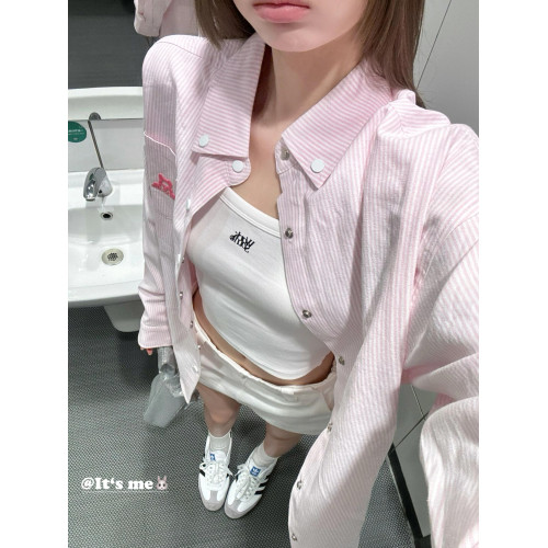 美式復古粉色條紋Polo領襯衫外套女春秋寬鬆休閒長袖襯衣外搭上衣