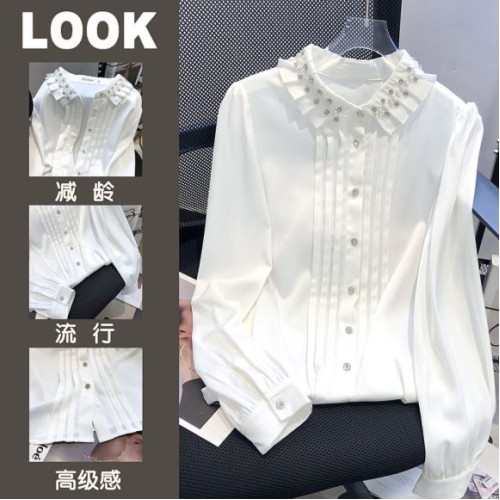 廣州十三行高貨爆款~長袖寬鬆木耳邊襯衫女鑲鑽釘珠重工上衣