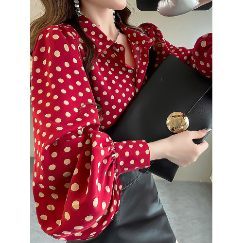 紅色波點上衣獨特漂亮法式小襯衫寬鬆設計感燈籠袖秋裝打底襯衣女