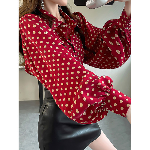 紅色波點上衣獨特漂亮法式小襯衫寬鬆設計感燈籠袖秋裝打底襯衣女