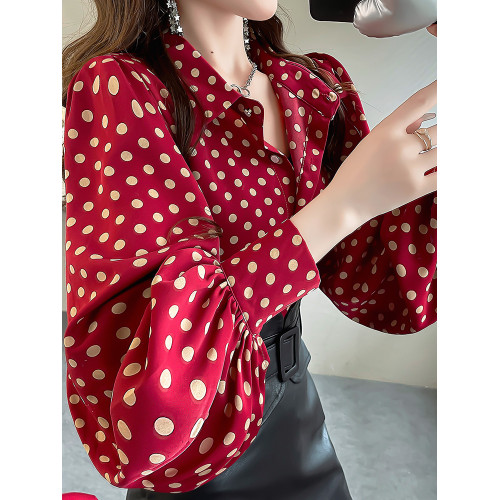 紅色波點上衣獨特漂亮法式小襯衫寬鬆設計感燈籠袖秋裝打底襯衣女