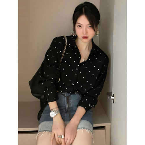 韓國chic春季復古赫本風繙領撞色波點設計寬鬆休閒百搭長袖襯衫女