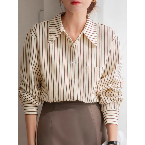 美拉德曡穿磨毛燈芯絨竪條紋襯衫女長袖秋冬寬鬆時尚外搭打底上衣