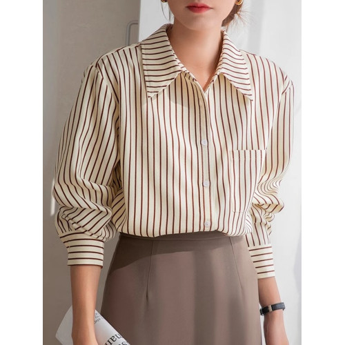 美拉德曡穿磨毛燈芯絨竪條紋襯衫女長袖秋冬寬鬆時尚外搭打底上衣