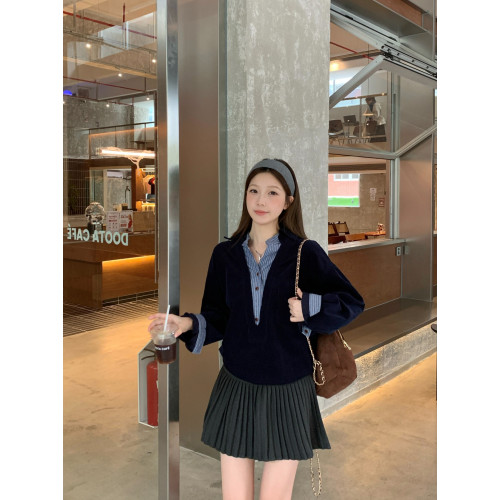 大碼高級感燈芯絨條紋假兩件長袖襯衫女2025新款秋冬胖MM顯瘦上衣