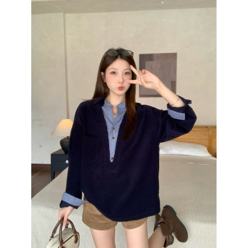 大碼高級感燈芯絨條紋假兩件長袖襯衫女2025新款秋冬胖MM顯瘦上衣