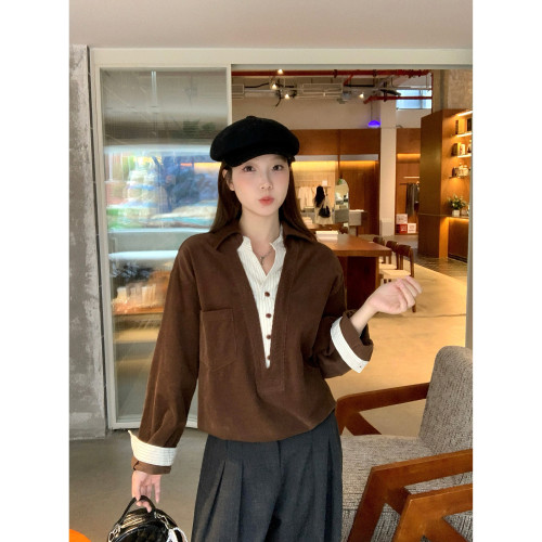 大碼高級感燈芯絨條紋假兩件長袖襯衫女2025新款秋冬胖MM顯瘦上衣