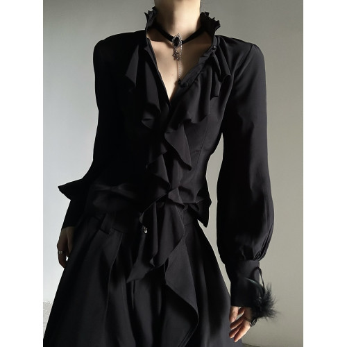 ASAE 暗黑日系復古宮廷風襯衫高級感設計感襯衫風荷葉邊襯衣