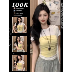 設計感撞色假兩件短袖正肩t恤女夏季小個子獨特別致短款修身上衣