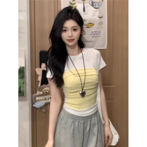 設計感撞色假兩件短袖正肩t恤女夏季小個子獨特別致短款修身上衣