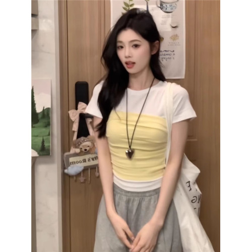 設計感撞色假兩件短袖正肩t恤女夏季小個子獨特別致短款修身上衣