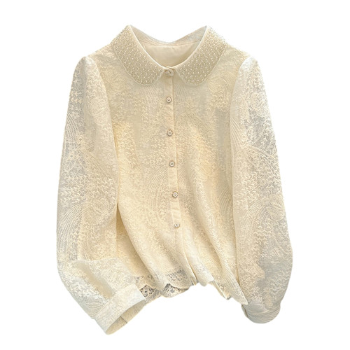 自畱款推薦~重工釘珠娃娃領刺綉蕾絲衫女2025春季新款小香風上衣