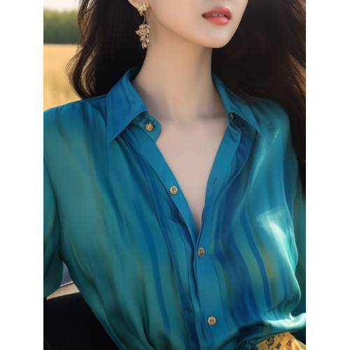 時髦優雅韓系絕美湖藍色緞面襯衫女春秋新款漂亮減齡好看別致襯衣