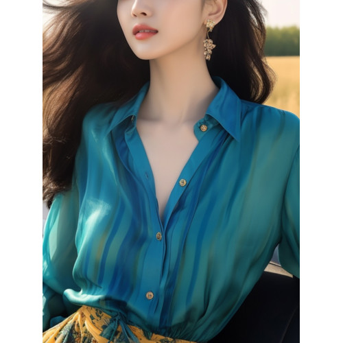 時髦優雅韓系絕美湖藍色緞面襯衫女春秋新款漂亮減齡好看別致襯衣