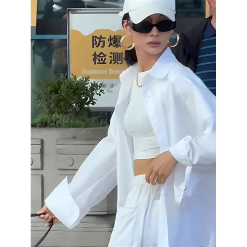 美式辣妹薄款防曬長袖襯衫女夏季寬鬆休閒百搭中長款白色襯衣外套